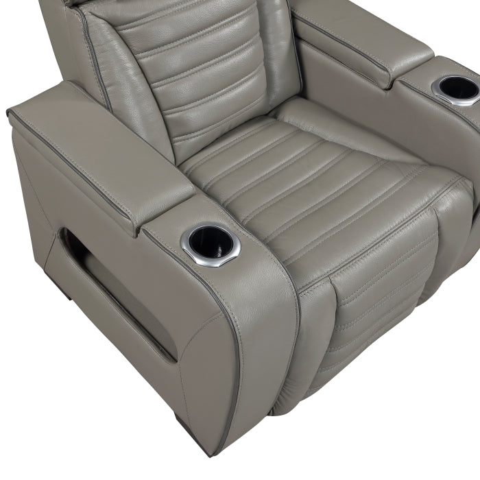 8344GRY-1PWHM Power Reclining Chair with Power Headrest, Cup holder, Storage Arms(Top and Side), Air Massage, Heat, LED Lighting and Charging Ports - 8344GRY-1PWHM