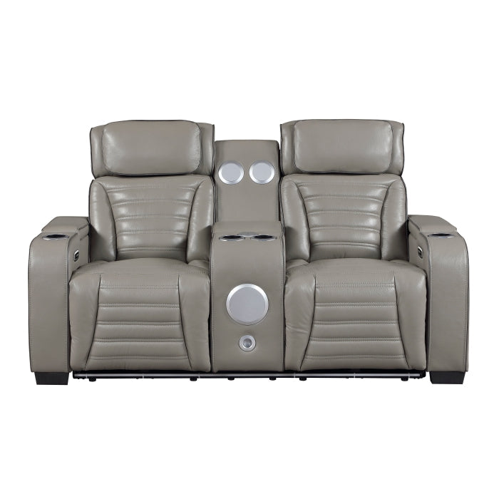 8344GRY-2PWHM Power Double Reclining Love Seat with Center Console, Power Headrests, Storage Arms(Top and Side) ,Cup Holders, Wireless Speakers with Sub-Woofer, Air Massage, Heat, LED Lighting and Charging Ports - 8344GRY-2PWHM
