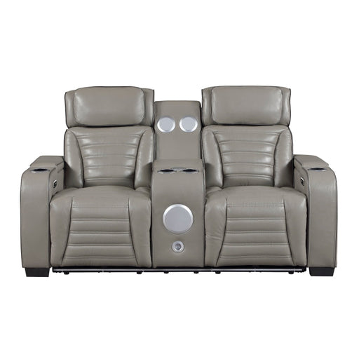 8344GRY-2PWHM Power Double Reclining Love Seat with Center Console, Power Headrests, Storage Arms(Top and Side) ,Cup Holders, Wireless Speakers with Sub-Woofer, Air Massage, Heat, LED Lighting and Charging Ports - 8344GRY-2PWHM