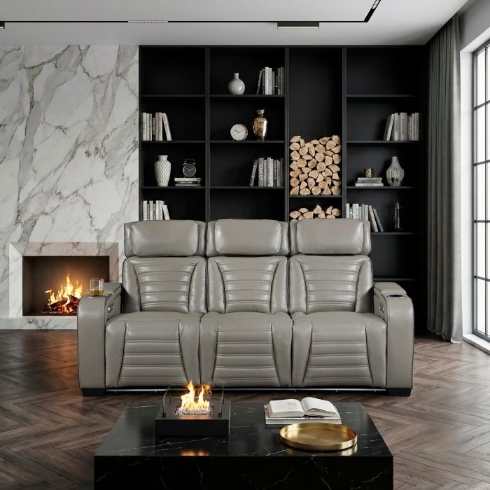 8344GRY-3PWHM Power Double Reclining Sofa with Center Drop-Down Cup Holders, Power Headrests,  Storage Arms(Top and Side) ,Cup holders, Reading Lights, Wireless Charger, Air Massage, Heat,  LED Lighting and Charging Ports - 8344GRY-3PWHM