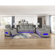 8344GRY-3PWHM Power Double Reclining Sofa with Center Drop-Down Cup Holders, Power Headrests,  Storage Arms(Top and Side) ,Cup holders, Reading Lights, Wireless Charger, Air Massage, Heat,  LED Lighting and Charging Ports - 8344GRY-3PWHM
