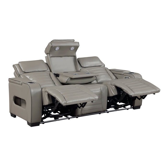 8344GRY-3PWHM Power Double Reclining Sofa with Center Drop-Down Cup Holders, Power Headrests,  Storage Arms(Top and Side) ,Cup holders, Reading Lights, Wireless Charger, Air Massage, Heat,  LED Lighting and Charging Ports - 8344GRY-3PWHM