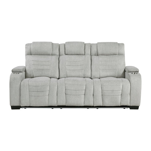 8455GRY-3 Double Reclining Sofa with Center Drop-Down Cup Holders, Storage Arms, Cup Holders, Reading Lights, Magazine Bag, Receptacles, Charging Ports and LED - 8455GRY-3