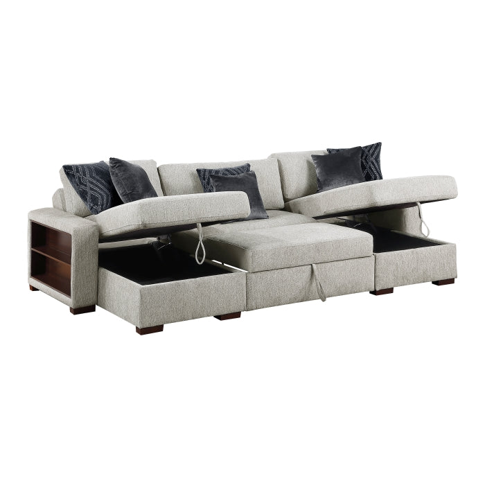 8548GY*4VC15ACLA2 (4)3-Piece Sectional with Two Reversible Chaises, Pull-out Bed, Hidden Storage, Click Motion Back and Two Arms with Shelves and Charging Ports - 8548GY*4VC15ACLA2