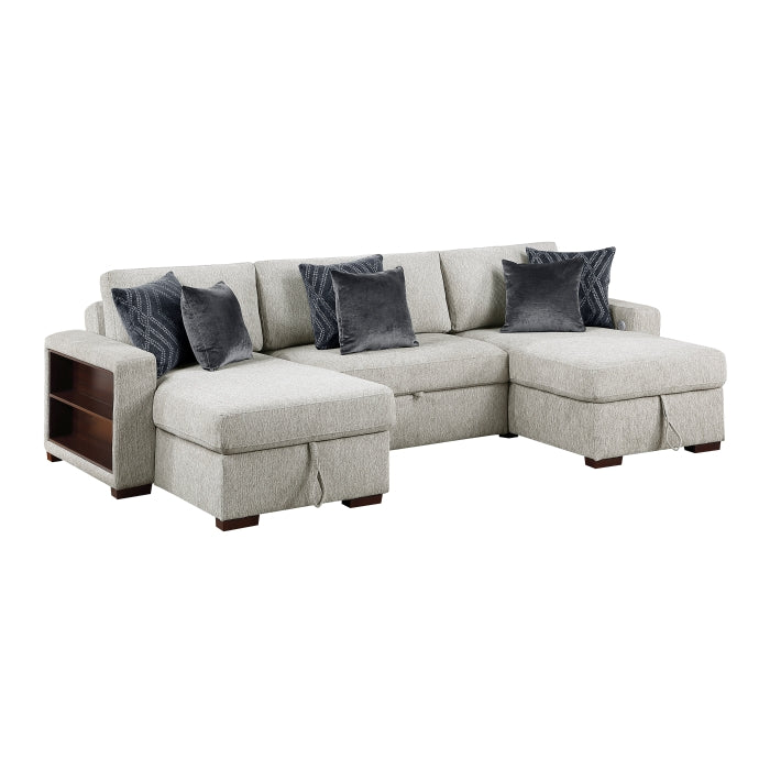 8548GY*4VC15ACLA2 (4)3-Piece Sectional with Two Reversible Chaises, Pull-out Bed, Hidden Storage, Click Motion Back and Two Arms with Shelves and Charging Ports - 8548GY*4VC15ACLA2
