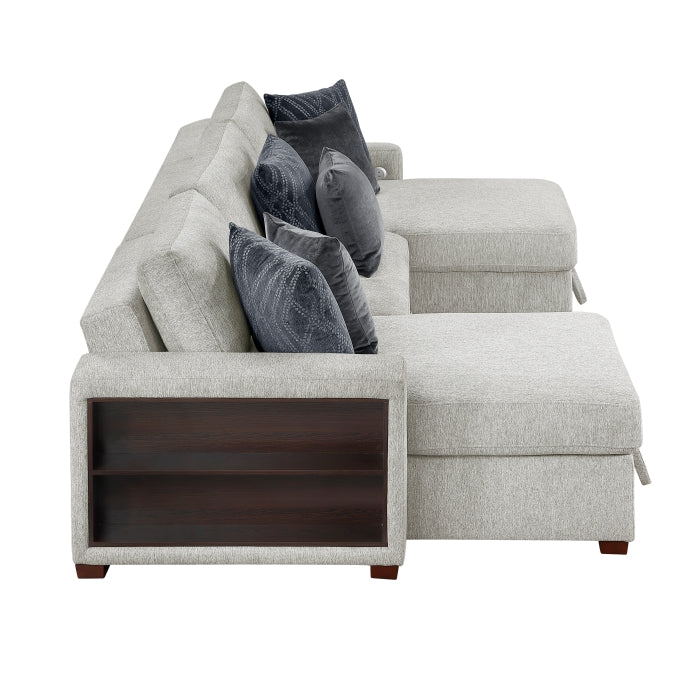 8548GY*4VC15ACLA2 (4)3-Piece Sectional with Two Reversible Chaises, Pull-out Bed, Hidden Storage, Click Motion Back and Two Arms with Shelves and Charging Ports - 8548GY*4VC15ACLA2