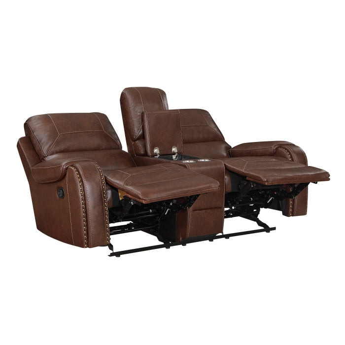 8549BRW-2 Double Glider Reclining Love Seat with Center Console, Receptacles and USB Ports - 8549BRW-2