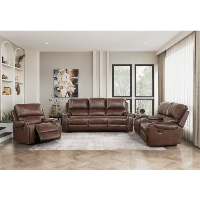 8549BRW-3 Double Reclining Sofa with Center Drop-Down Cup Holders, Receptacles and USB Ports - 8549BRW-3