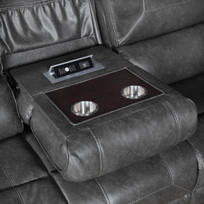 8549GRY-3 Double Reclining Sofa with Center Drop-Down Cup Holders, Receptacles and USB Ports - 8549GRY-3