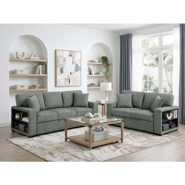 9050GRN-2SL Love Seat with Pull-out Bed, Arms with Shelves and Charging Ports - 9050GRN-2SL