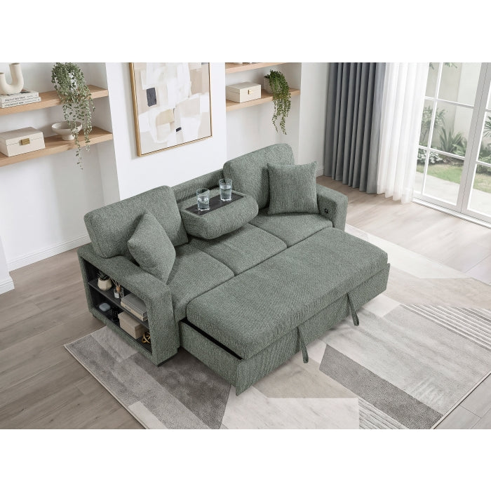 9050GRN-3SL Sofa with Pull-out Bed, Center Drop-down Cup Holders, Arms with Shelves and Charging Ports - 9050GRN-3SL