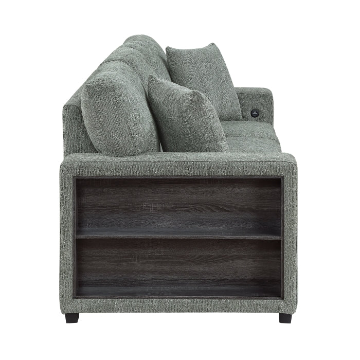 9050GRN-3SL Sofa with Pull-out Bed, Center Drop-down Cup Holders, Arms with Shelves and Charging Ports - 9050GRN-3SL