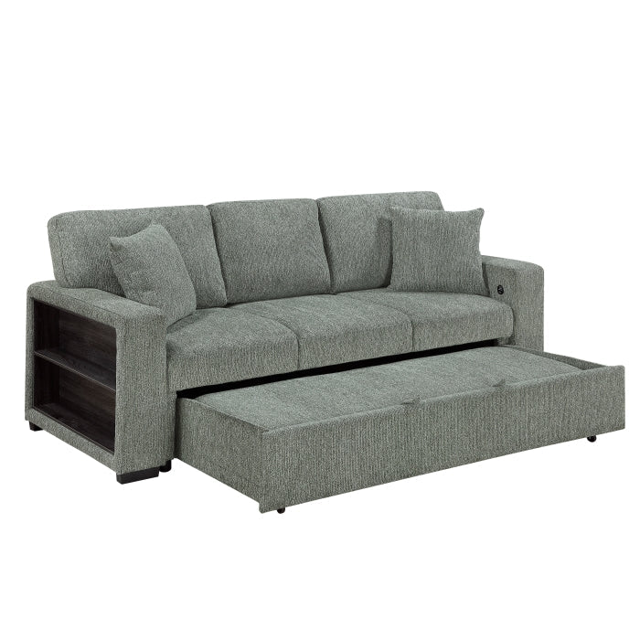9050GRN-3SL Sofa with Pull-out Bed, Center Drop-down Cup Holders, Arms with Shelves and Charging Ports - 9050GRN-3SL