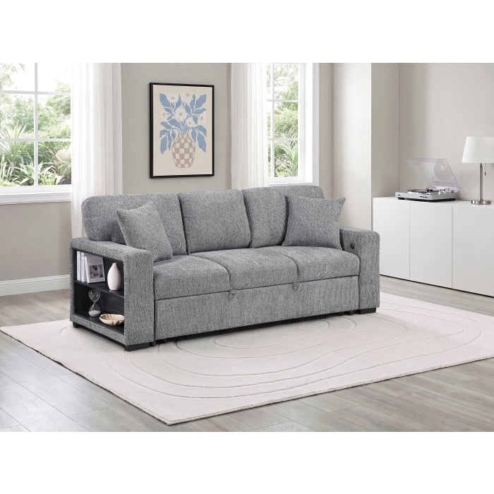 9050GRY-3SL Sofa with Pull-out Bed, Center Drop-down Cup Holders, Arms with Shelves and Charging Ports - 9050GRY-3SL