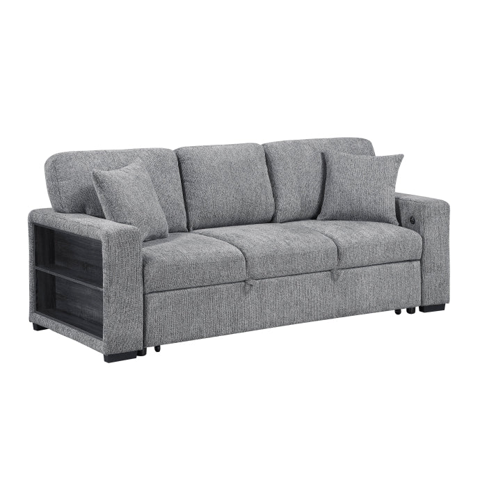 9050GRY-3SL Sofa with Pull-out Bed, Center Drop-down Cup Holders, Arms with Shelves and Charging Ports - 9050GRY-3SL