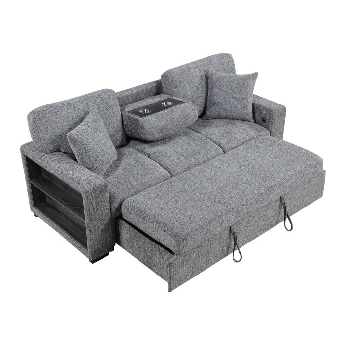 9050GRY-3SL Sofa with Pull-out Bed, Center Drop-down Cup Holders, Arms with Shelves and Charging Ports - 9050GRY-3SL