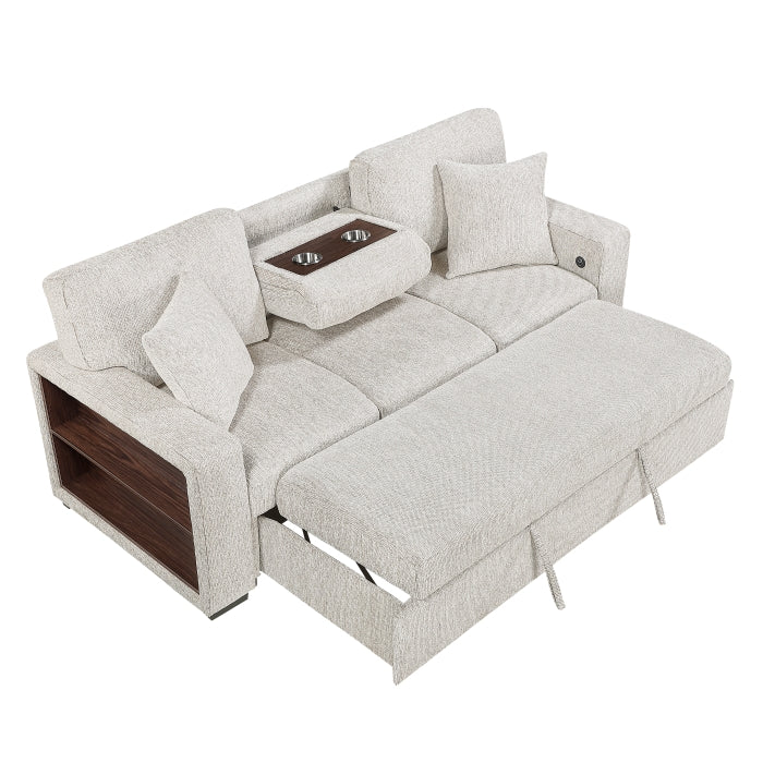 9050TPE-3SL Sofa with Pull-out Bed, Center Drop-down Cup Holders, Arms with Shelves and Charging Ports - 9050TPE-3SL