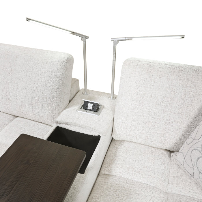 9067TPE*7LC1R 7-Piece Modular Sectional with Left Chaise, Two Consoles with Hidden Storage, Wireless Speakers, Wireless Chargers, Swivel Table Top, Reading Lights and Charging Ports - 9067TPE*7LC1R