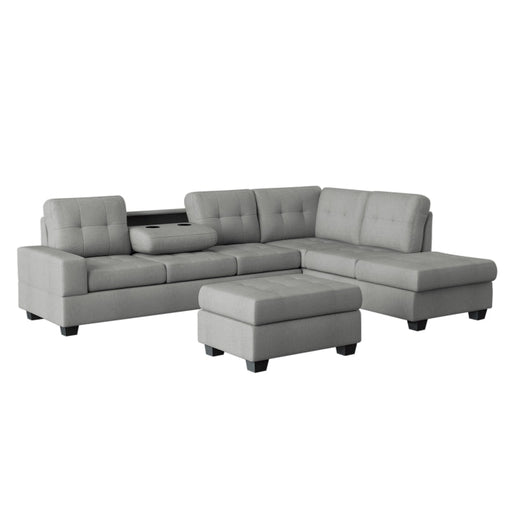 9507GRY*3OT (3)3-Piece Reversible Sectional with Drop-Down Cup Holders and Storage Ottoman - 9507GRY*3OT