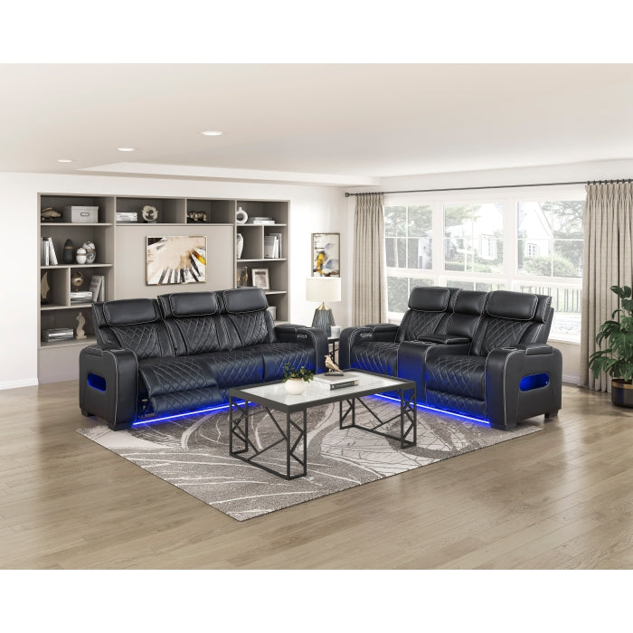 9516BLK-2PWH Power Double Reclining Love Seat with Center Console, Power Headrests, Storage Arms(Top and Side), Cup holders, Charging Ports and LED lighting - 9516BLK-2PWH