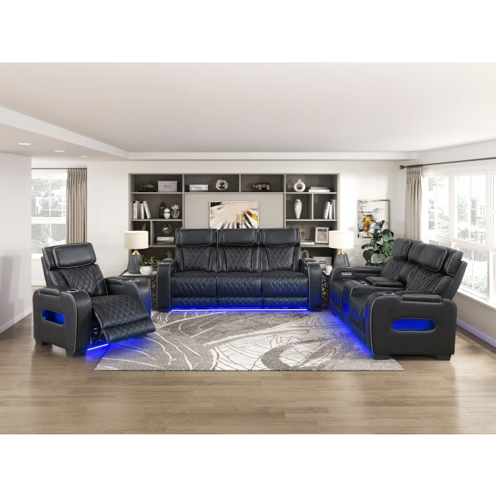 9516BLK-2PWH Power Double Reclining Love Seat with Center Console, Power Headrests, Storage Arms(Top and Side), Cup holders, Charging Ports and LED lighting - 9516BLK-2PWH