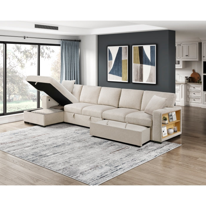 9630BE*3LC2R (3)Sectional with Left Chaise, Pull-out Bed, Hidden Storages  and Shelves, Charging Ports - 9630BE*3LC2R