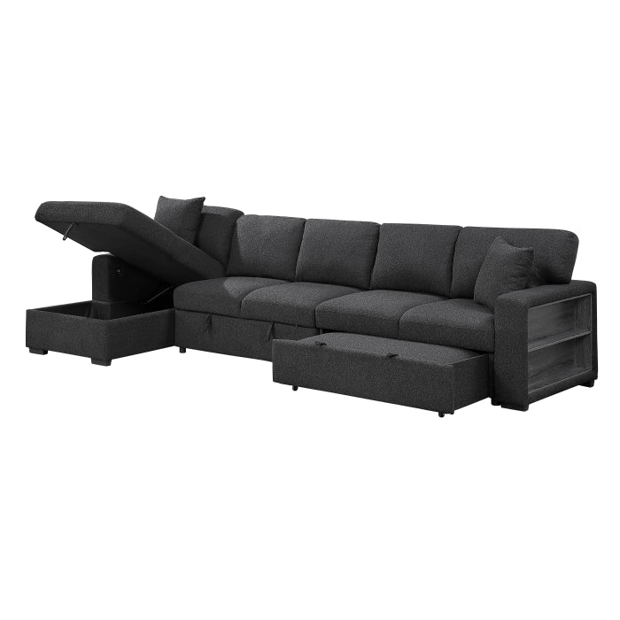 9630BK*3LC2R (3)Sectional with Left Chaise, Pull-out Bed, Hidden Storages  and Shelves, Charging Ports - 9630BK*3LC2R