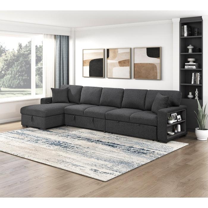 9630BK*3LC2R (3)Sectional with Left Chaise, Pull-out Bed, Hidden Storages  and Shelves, Charging Ports - 9630BK*3LC2R