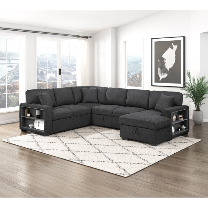 9630BK*42LRC (4)Sectional with Right Chaise, Pull-out Bed, Hidden Storages and Shelves, Charging Ports - 9630BK*42LRC