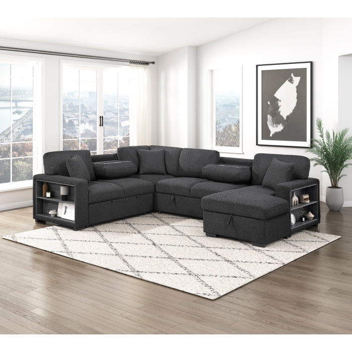 9630BK*42LRC (4)Sectional with Right Chaise, Pull-out Bed, Hidden Storages and Shelves, Charging Ports - 9630BK*42LRC