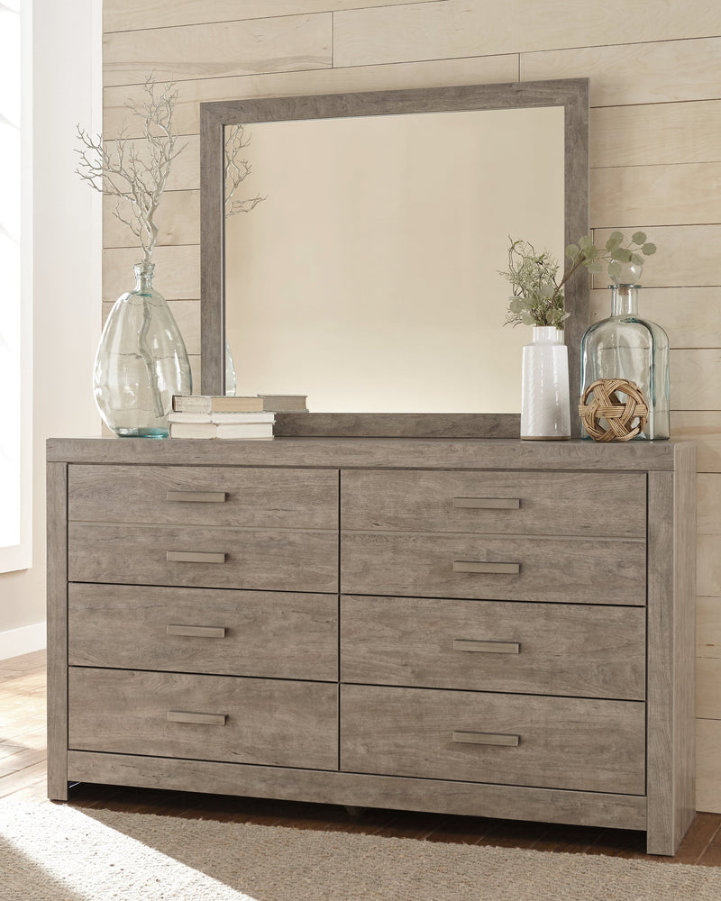 Culverbach Gray Queen Panel Bed with Mirrored Dresser, Chest and 2 Nightstands from Ashley - Lara Furniture