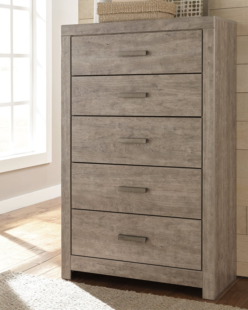 Culverbach Gray Queen Panel Bed with Mirrored Dresser, Chest and 2 Nightstands from Ashley - Lara Furniture