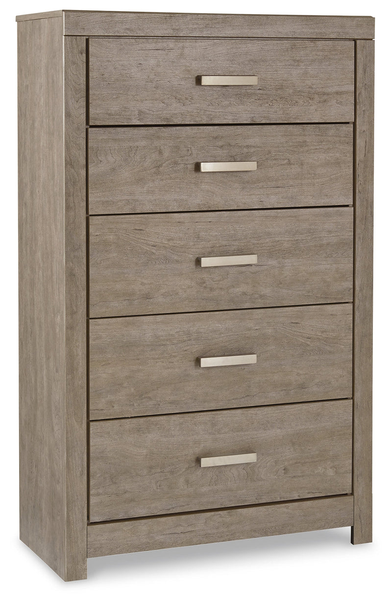 Culverbach Gray Queen Panel Bed with Mirrored Dresser, Chest and 2 Nightstands from Ashley - Lara Furniture
