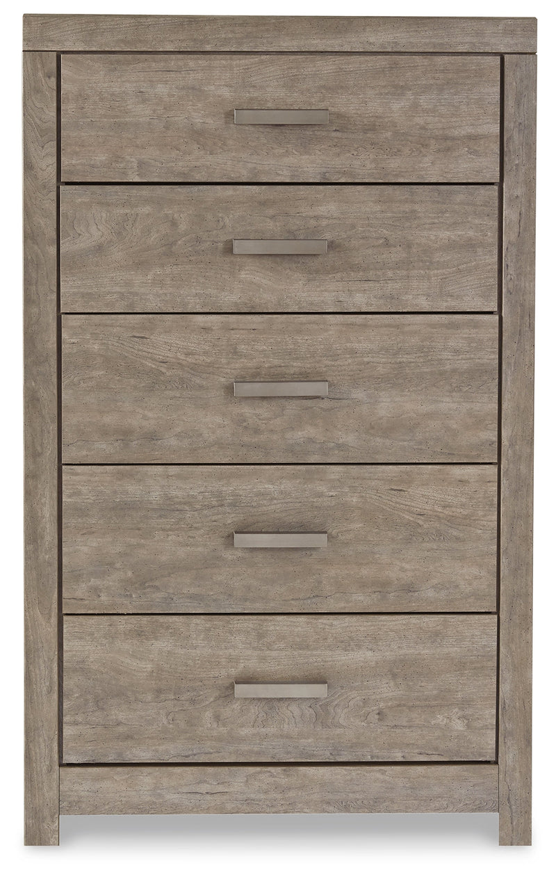 Culverbach Gray Queen Panel Bed with Mirrored Dresser, Chest and 2 Nightstands from Ashley - Lara Furniture