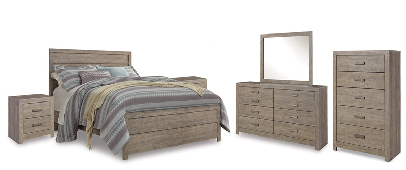 Culverbach Gray Queen Panel Bed with Mirrored Dresser, Chest and 2 Nightstands from Ashley - Lara Furniture