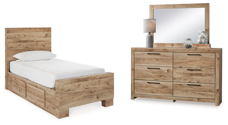 Hyanna Tan Brown Twin Panel Bed with Storage with Mirrored Dresser from Ashley - Lara Furniture