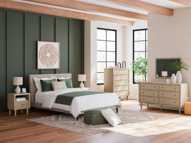 Cielden Soft Gray/Tan Upholstered Platform Bedroom Set from Ashley - Lara Furniture