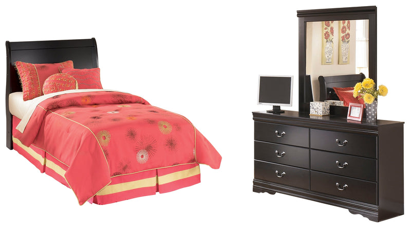 Huey Vineyard Black Twin Sleigh Headboard Bed with Mirrored Dresser from Ashley - Lara Furniture