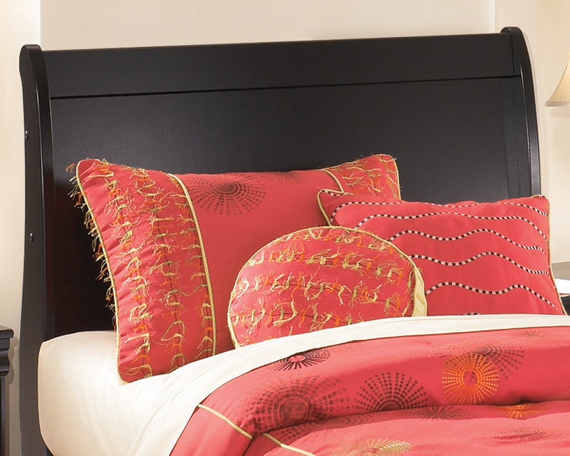 Huey Vineyard Black Twin Sleigh Headboard Bed with Mirrored Dresser from Ashley - Lara Furniture