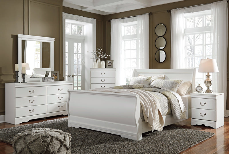 Anarasia Queen Sleigh Bed with Mirrored Dresser in White from Ashley - Lara Furniture