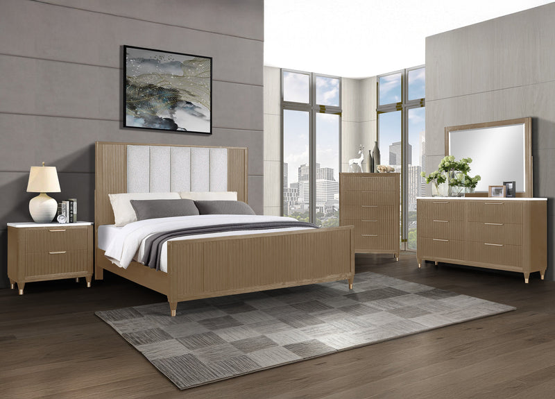 Kara Cerused Natural Upholstered Panel Bedroom Set from Crown Mark - Lara Furniture