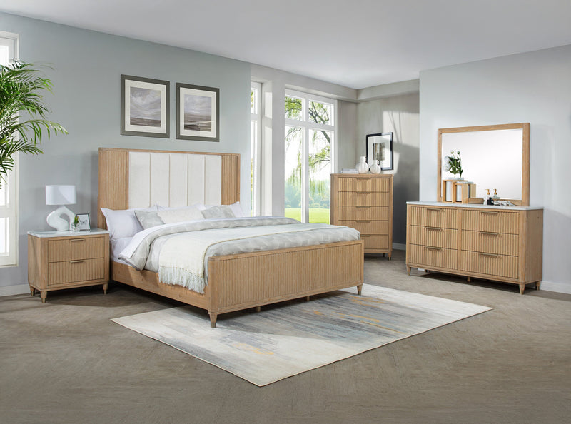 Kara Cerused Natural King Upholstered Panel Bed from Crown Mark - Lara Furniture