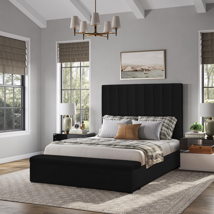 Jane Black Upholstered Velvet Storage King Bed with USB Charger