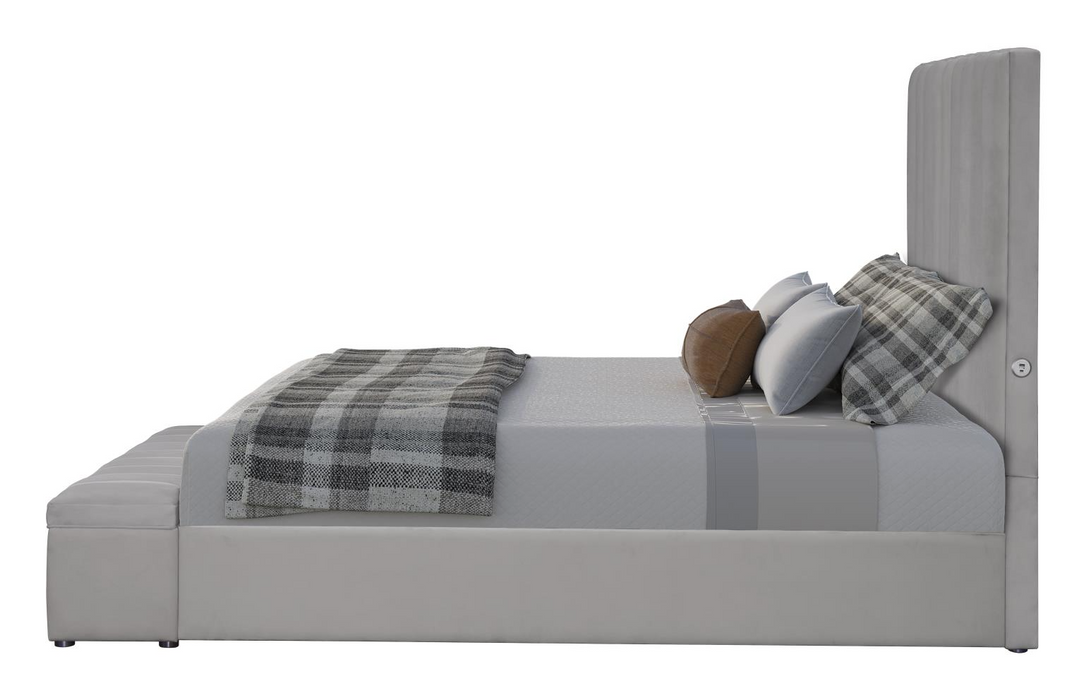 Jane Gray Upholstered  Velvet Storage King Bed with USB Charger