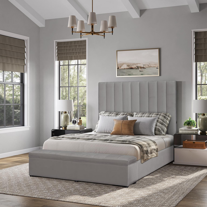 Jane Gray Upholstered  Velvet Storage King Bed with USB Charger