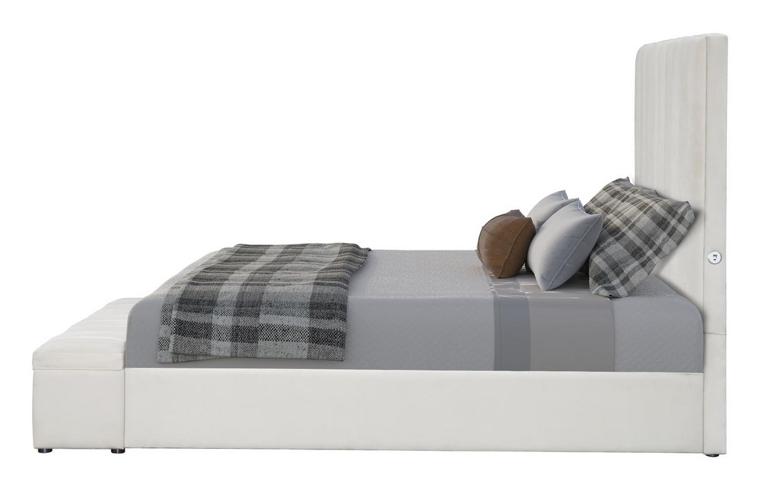 Jane Cream Upholstered  Velvet Storage Queen Bed with USB Charger