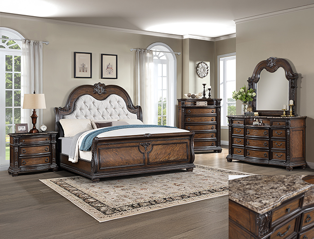 Stanley Coffee Brown Upholstered Sleigh Bedroom Set