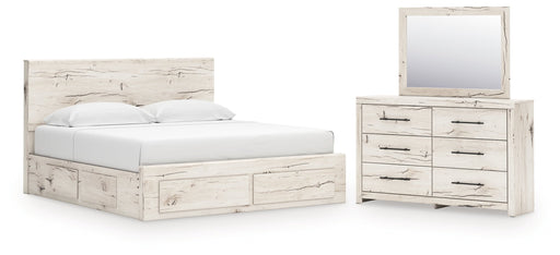 Lawroy Light Natural King Panel Storage Bed, Dresser and Mirror from Ashley - Lara Furniture