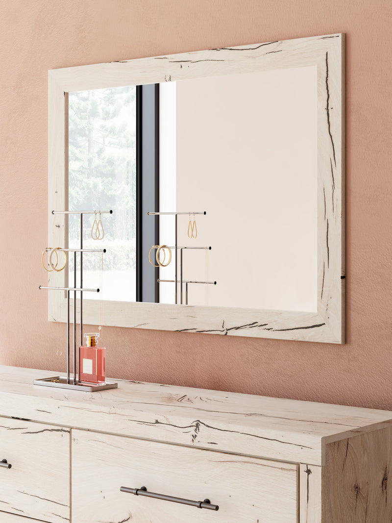 Lawroy Light Natural King Panel Storage Bed, Dresser and Mirror from Ashley - Lara Furniture