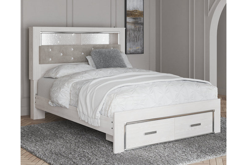 Altyra White Queen Upholstered Platform Bookcase Bed with Storage - Lara FurnitureQueen Bed